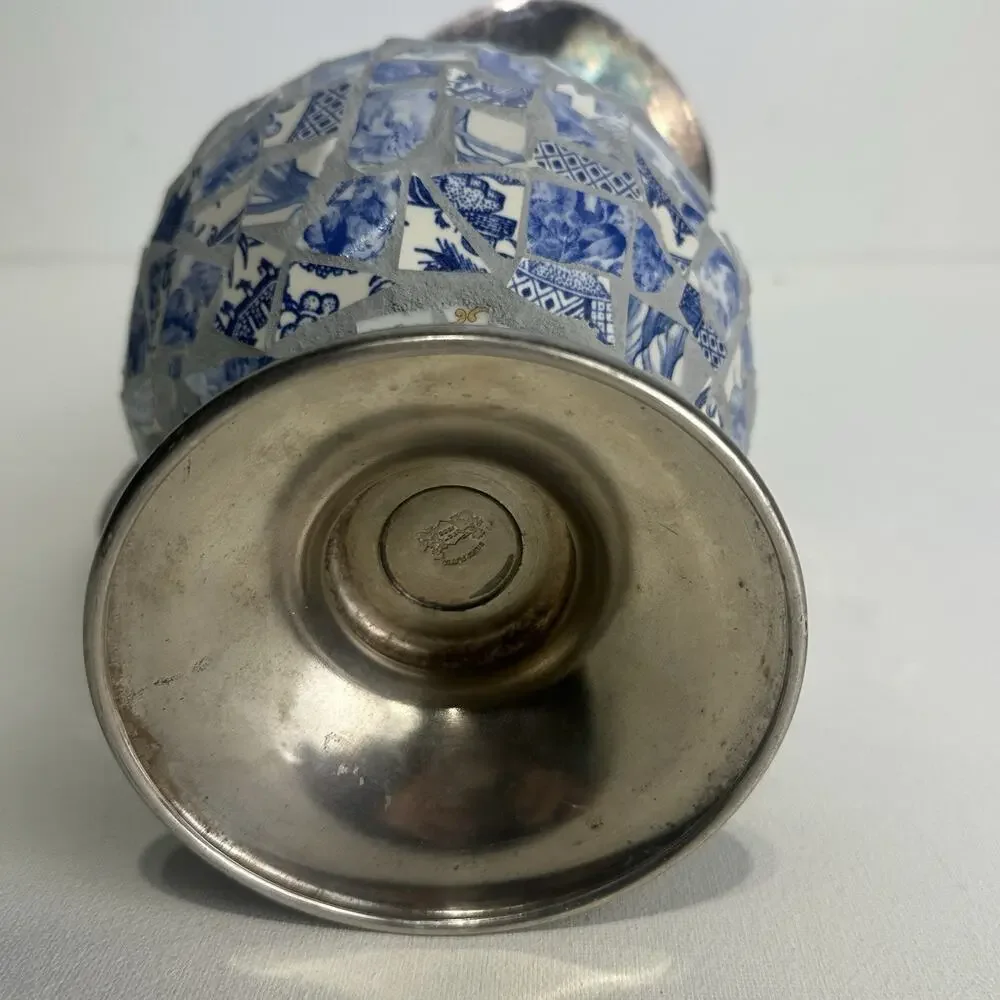 silver plated pique assiette mosaic Ceramic Tile footed pitcher Handmade Decor